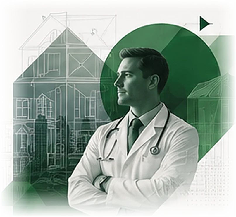 Physician in a white coat with stethoscope, set against line-art homes